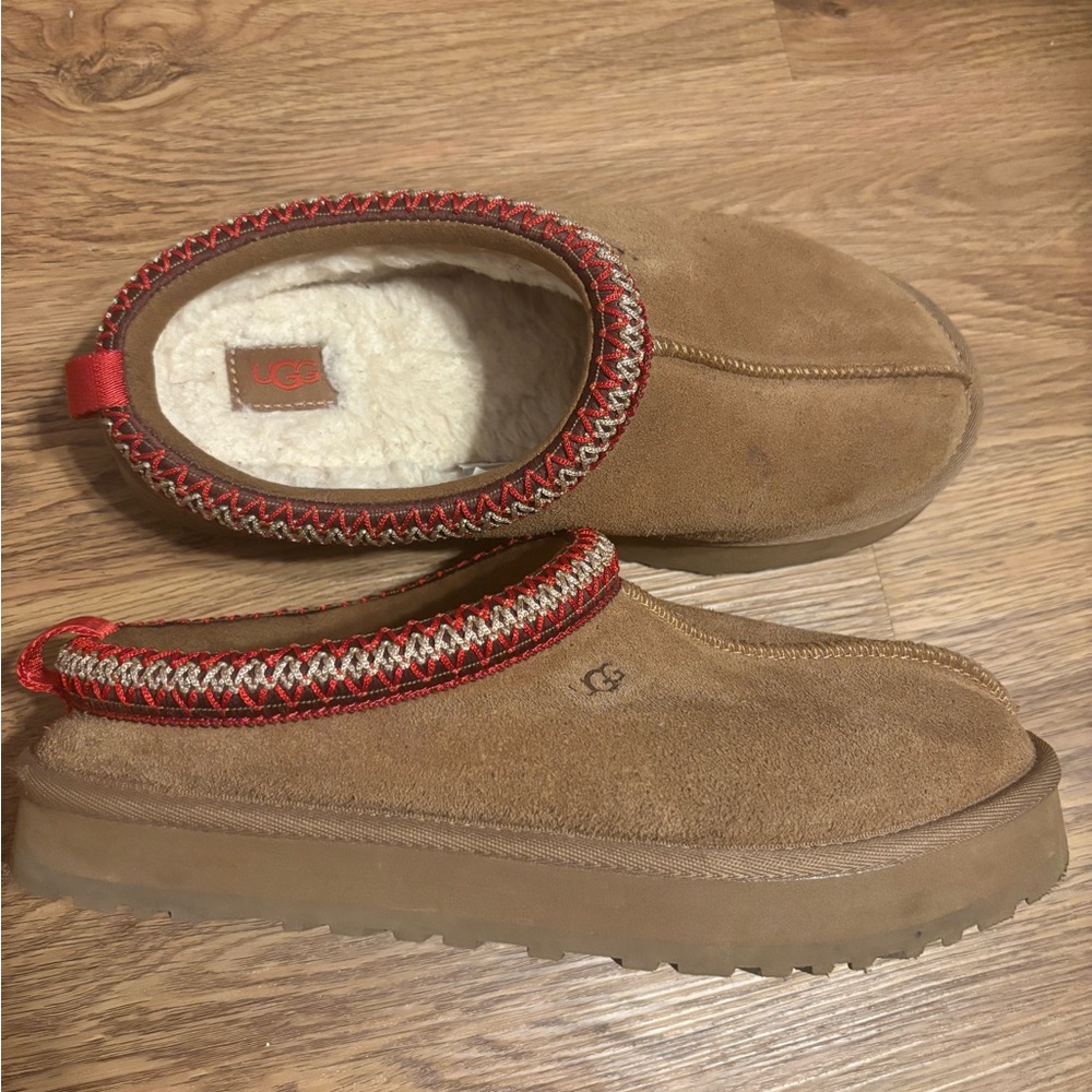 UGG Tan Suede Slip-Ons with Red Accents